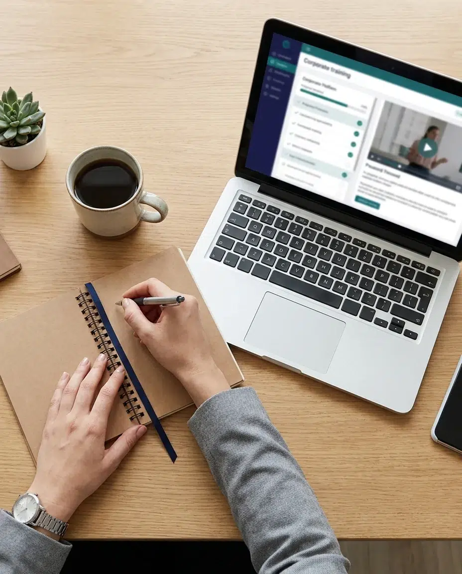 Professional taking notes while following a course on the company’s online training platform