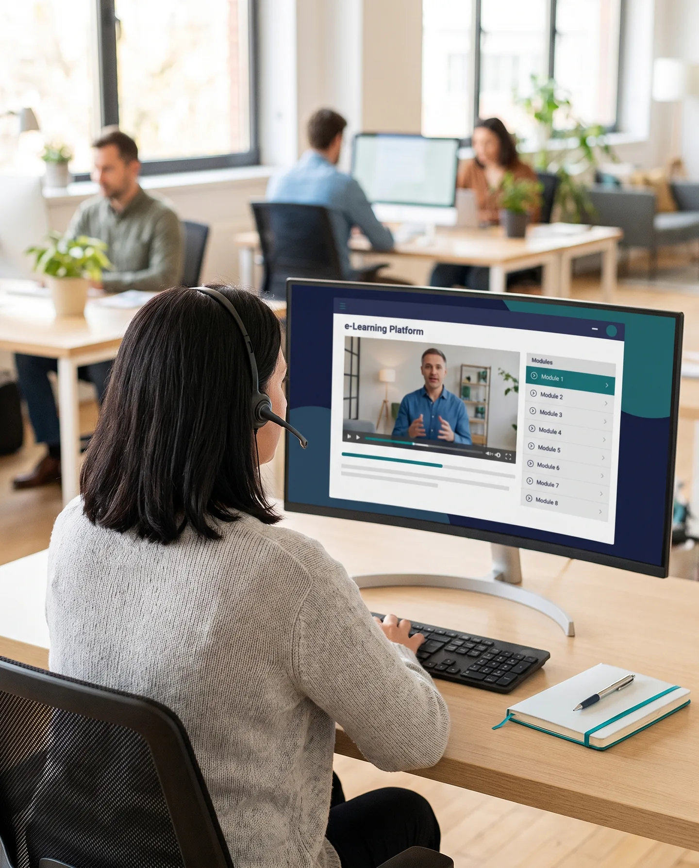 Employee wearing a headset following a video lesson on her company’s online training platform